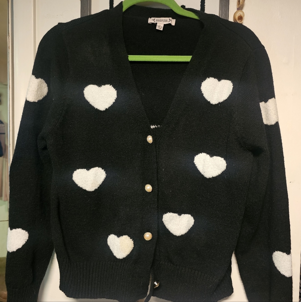 Nanette Black Sweater with White  Heart And Pearl Buttons Large